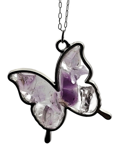 Fluorite Silver Tone Butterfly Necklace, Purple Fluorite, Cave-In-Rock