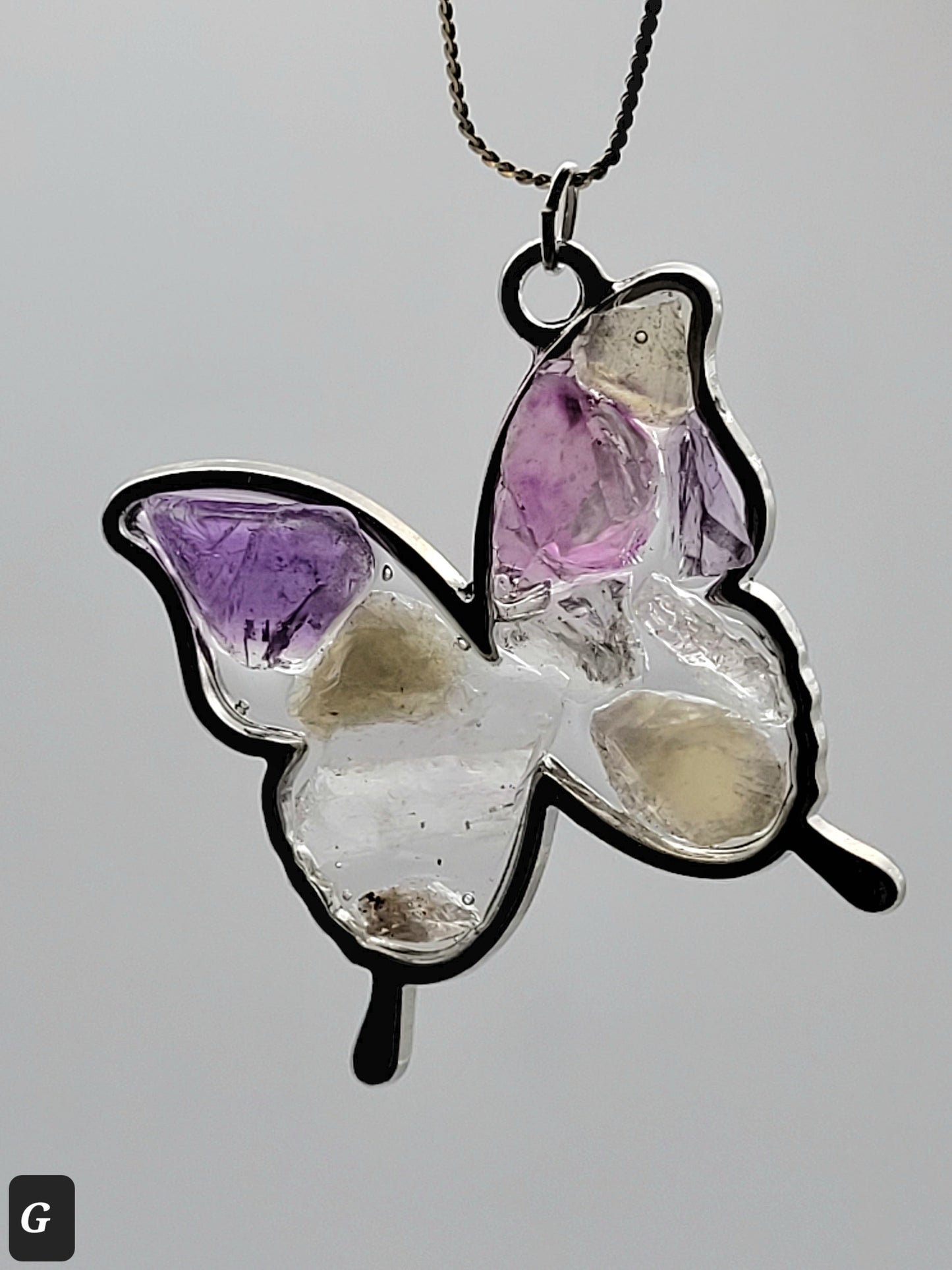 Fluorite Silver Tone Butterfly Necklace, Yellow & Purple Fluorite, Annabel Lee Mine