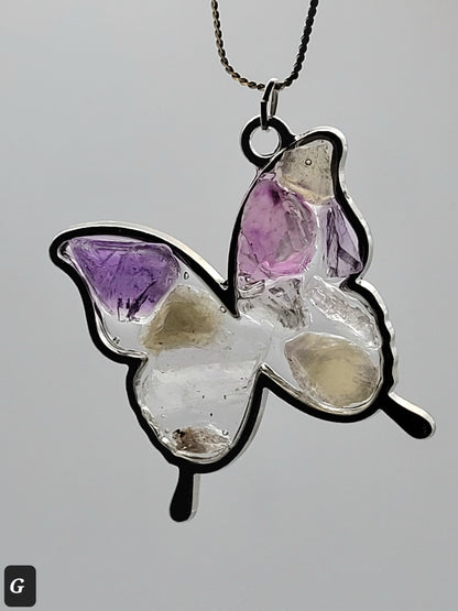 Fluorite Silver Tone Butterfly Necklace, Yellow & Purple Fluorite, Annabel Lee Mine