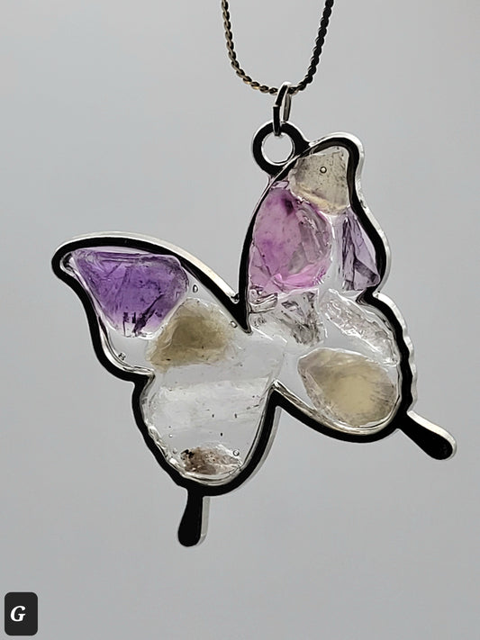 Fluorite Silver Tone Butterfly Necklace, Yellow & Purple Fluorite, Annabel Lee Mine