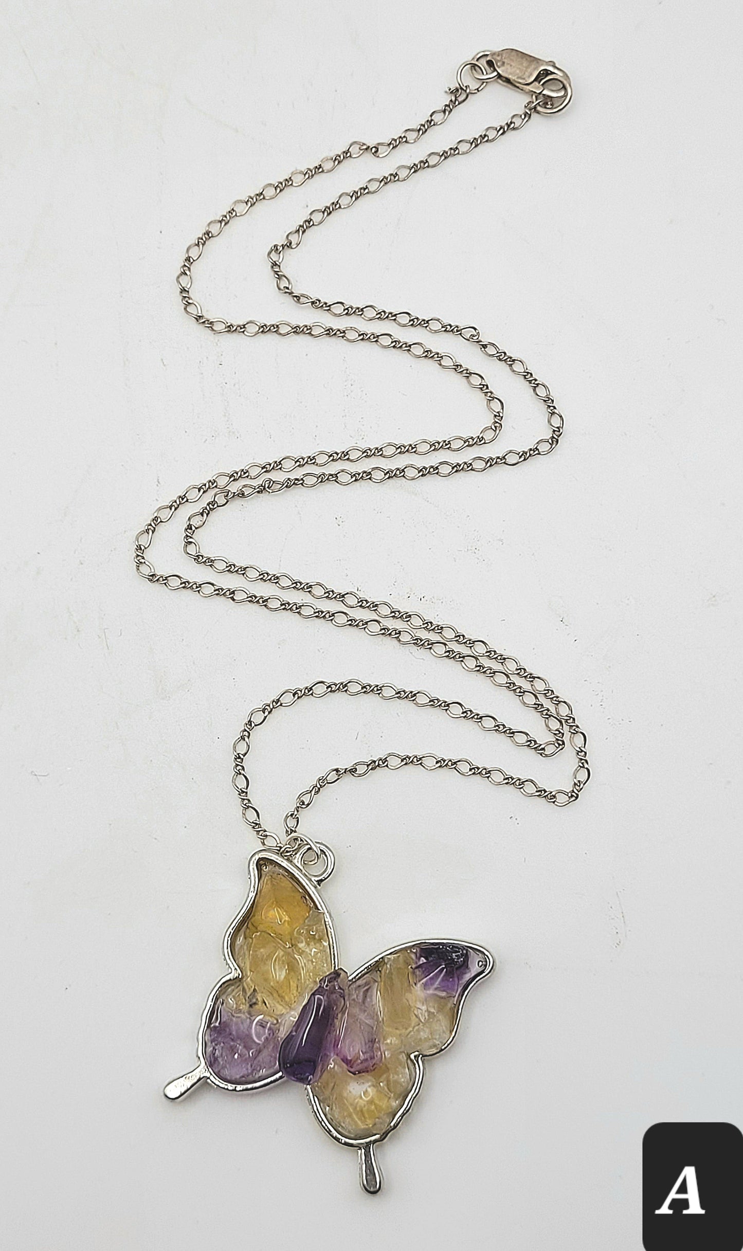Fluorite Silver Tone Butterfly Necklace, Yellow & Purple Fluorite, Annabel Lee Mine