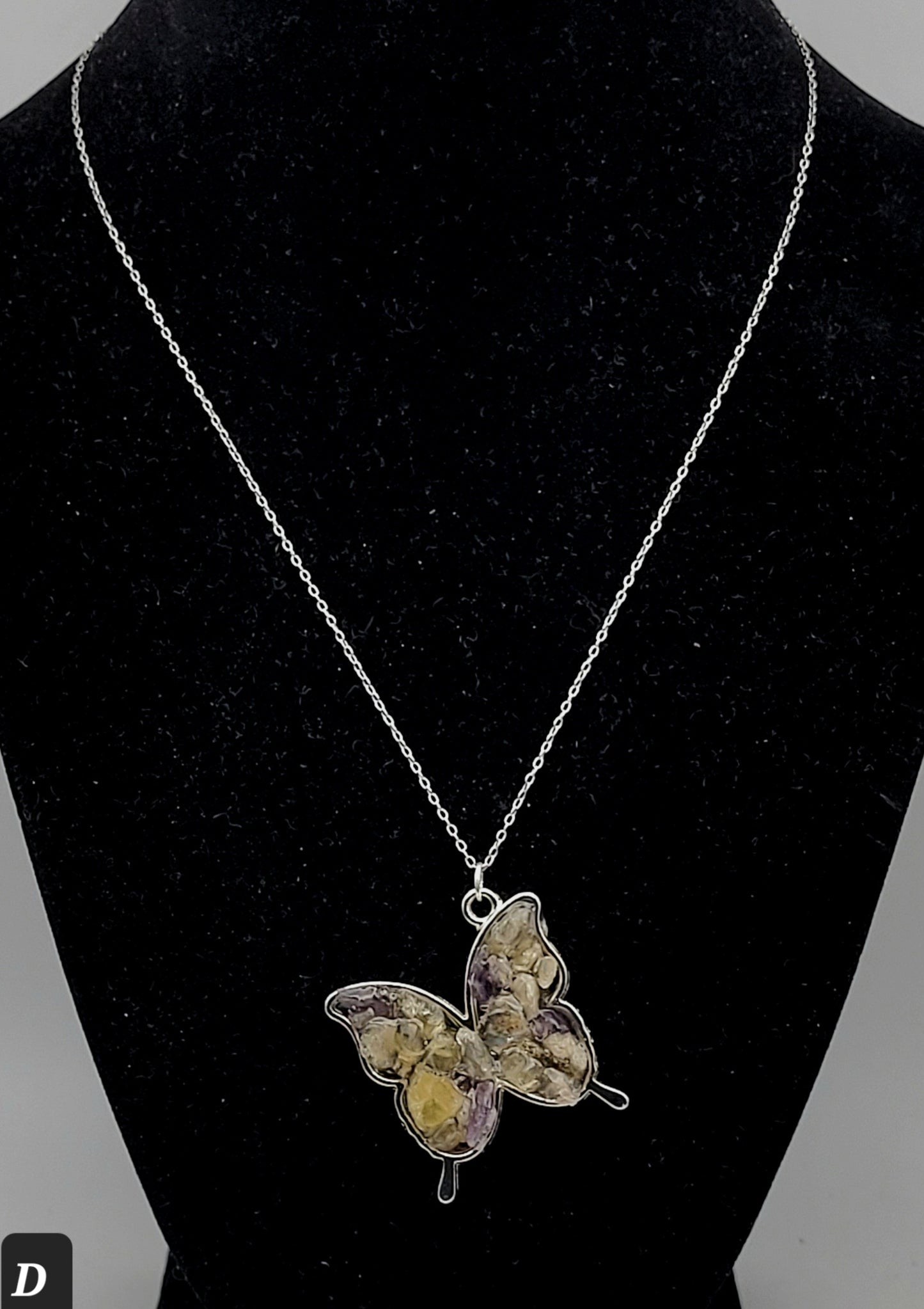 Fluorite Silver Tone Butterfly Necklace, Yellow Fluorite, Annabel Lee Mine