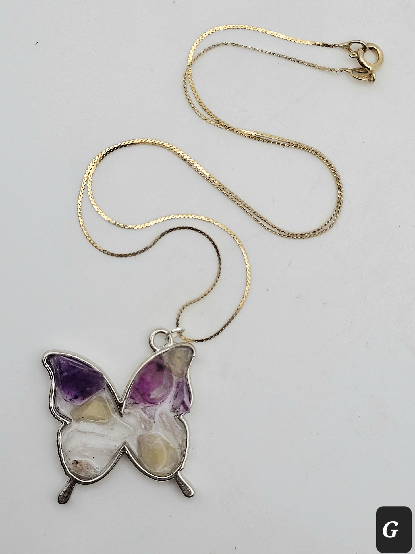 Fluorite Silver Tone Butterfly Necklace, Yellow & Purple Fluorite, Annabel Lee Mine