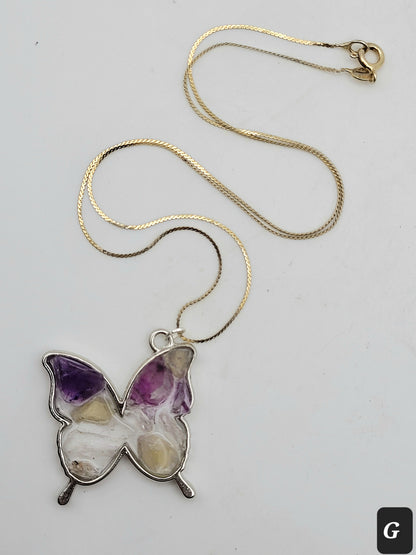 Fluorite Silver Tone Butterfly Necklace, Yellow & Purple Fluorite, Annabel Lee Mine