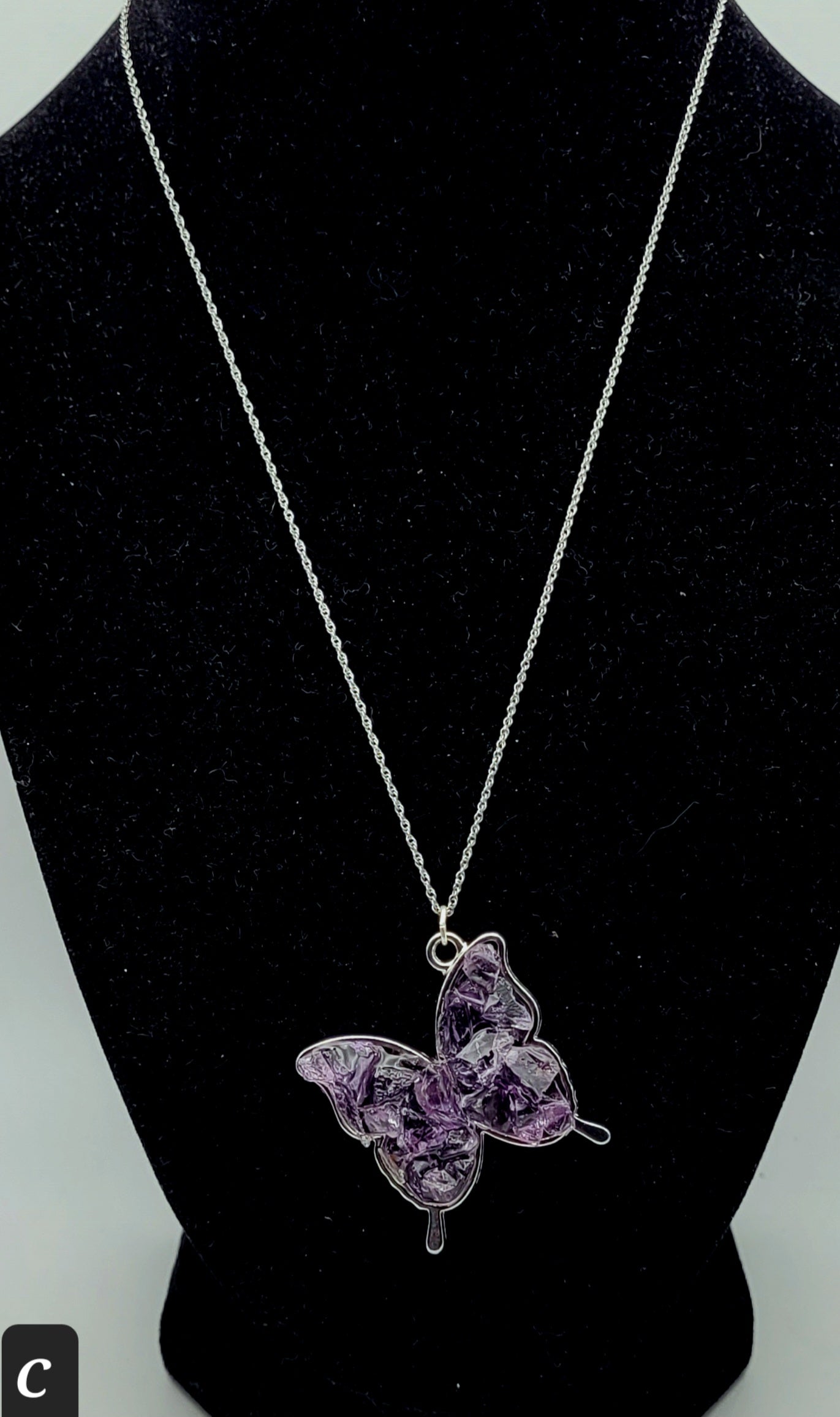 Fluorite Silver Tone Butterfly Necklace, Purple Fluorite, Cave-In-Rock