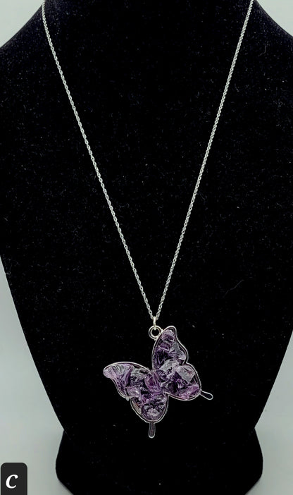 Fluorite Silver Tone Butterfly Necklace, Purple Fluorite, Cave-In-Rock