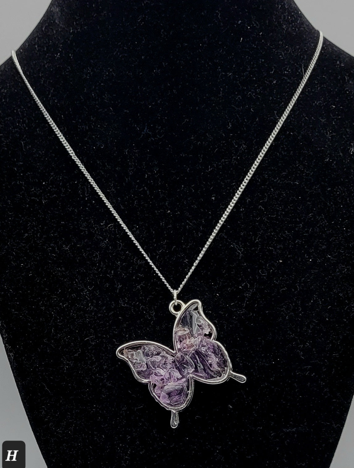 Fluorite Silver Tone Butterfly Necklace, Purple Fluorite, Cave-In-Rock