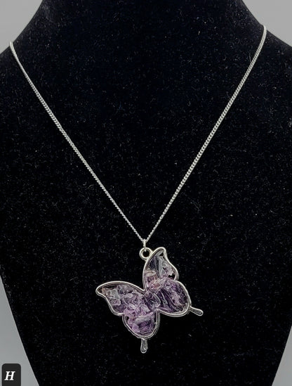 Fluorite Silver Tone Butterfly Necklace, Purple Fluorite, Cave-In-Rock