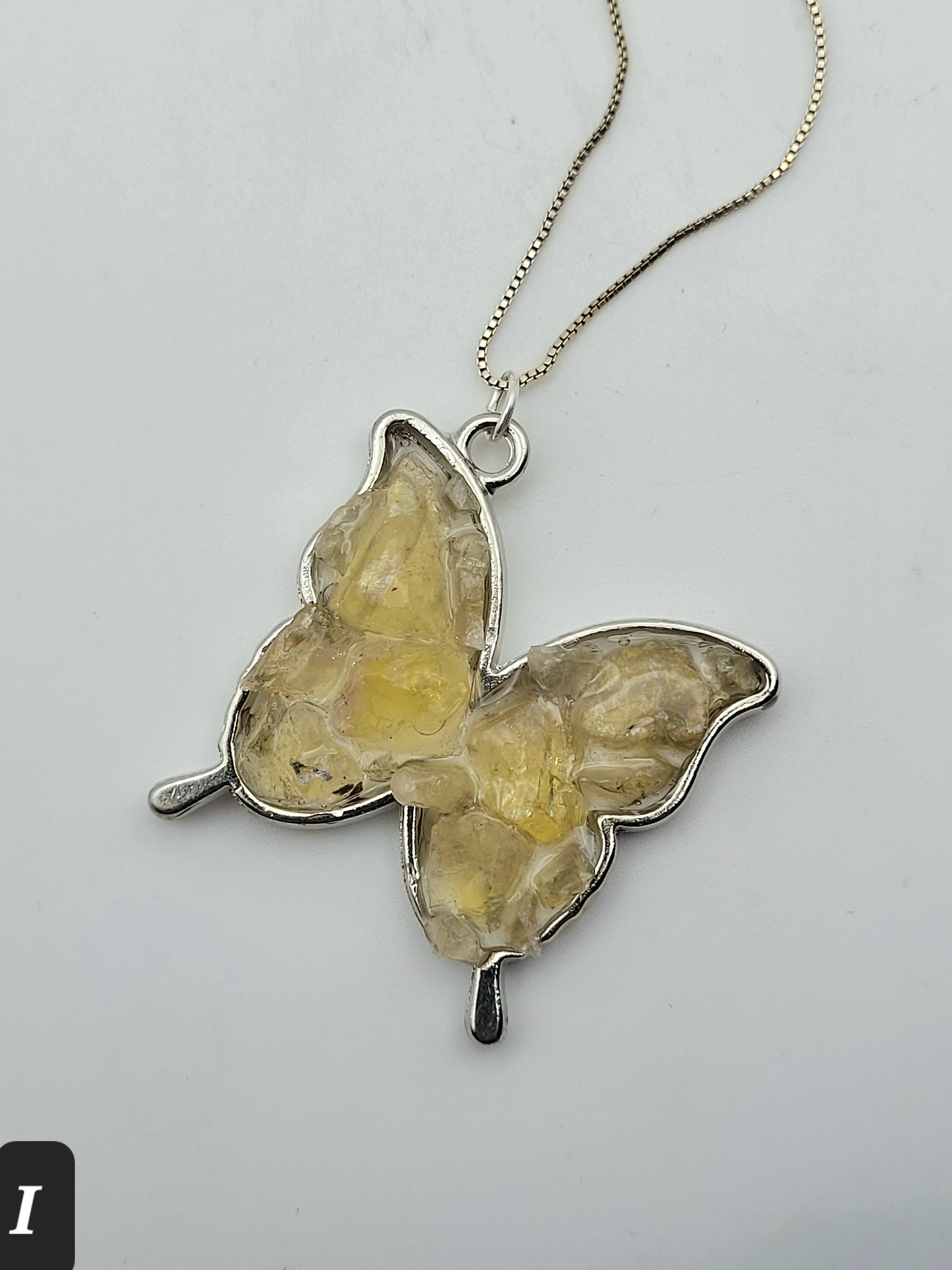Fluorite Silver Tone Butterfly Necklace, Yellow Fluorite, Annabel Lee Mine