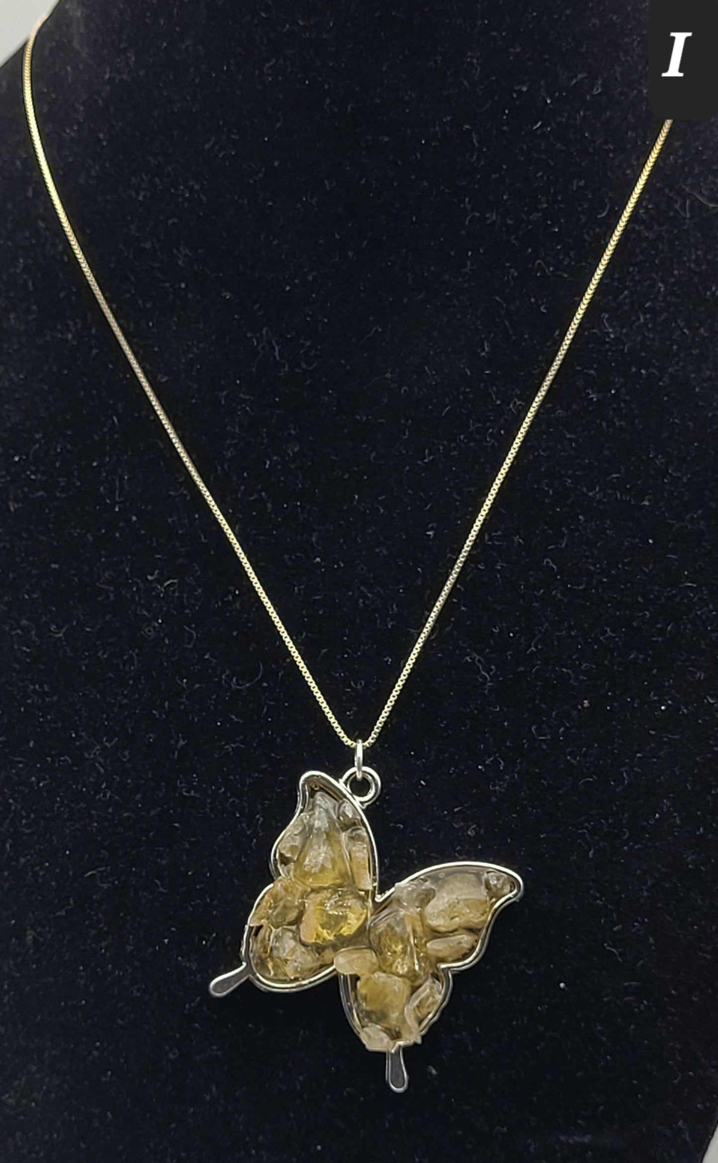 Fluorite Silver Tone Butterfly Necklace, Yellow Fluorite, Annabel Lee Mine