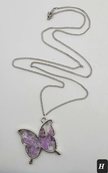 Fluorite Silver Tone Butterfly Necklace, Purple Fluorite, Cave-In-Rock
