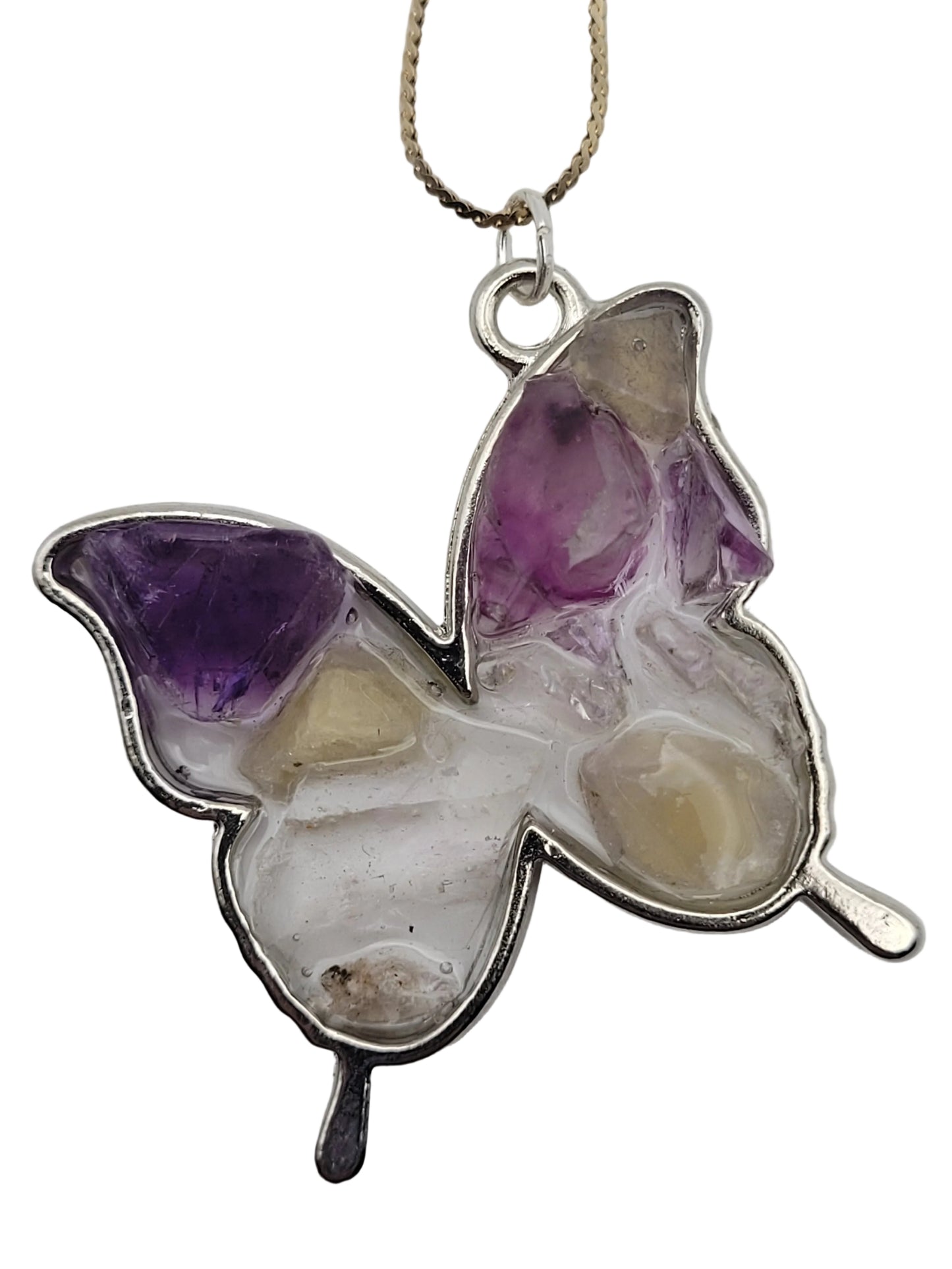 Fluorite Silver Tone Butterfly Necklace, Yellow & Purple Fluorite, Annabel Lee Mine