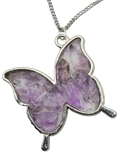 Fluorite Silver Tone Butterfly Necklace, Purple Fluorite, Cave-In-Rock