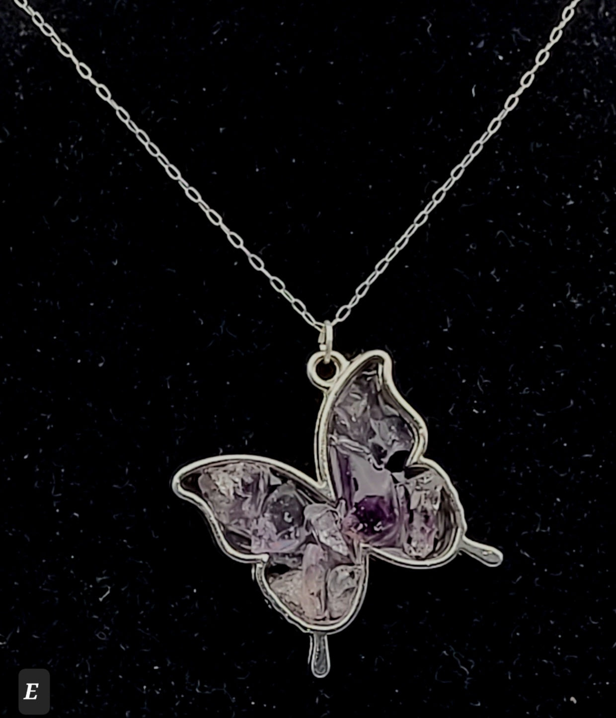 Fluorite Silver Tone Butterfly Necklace, Purple Fluorite, Cave-In-Rock