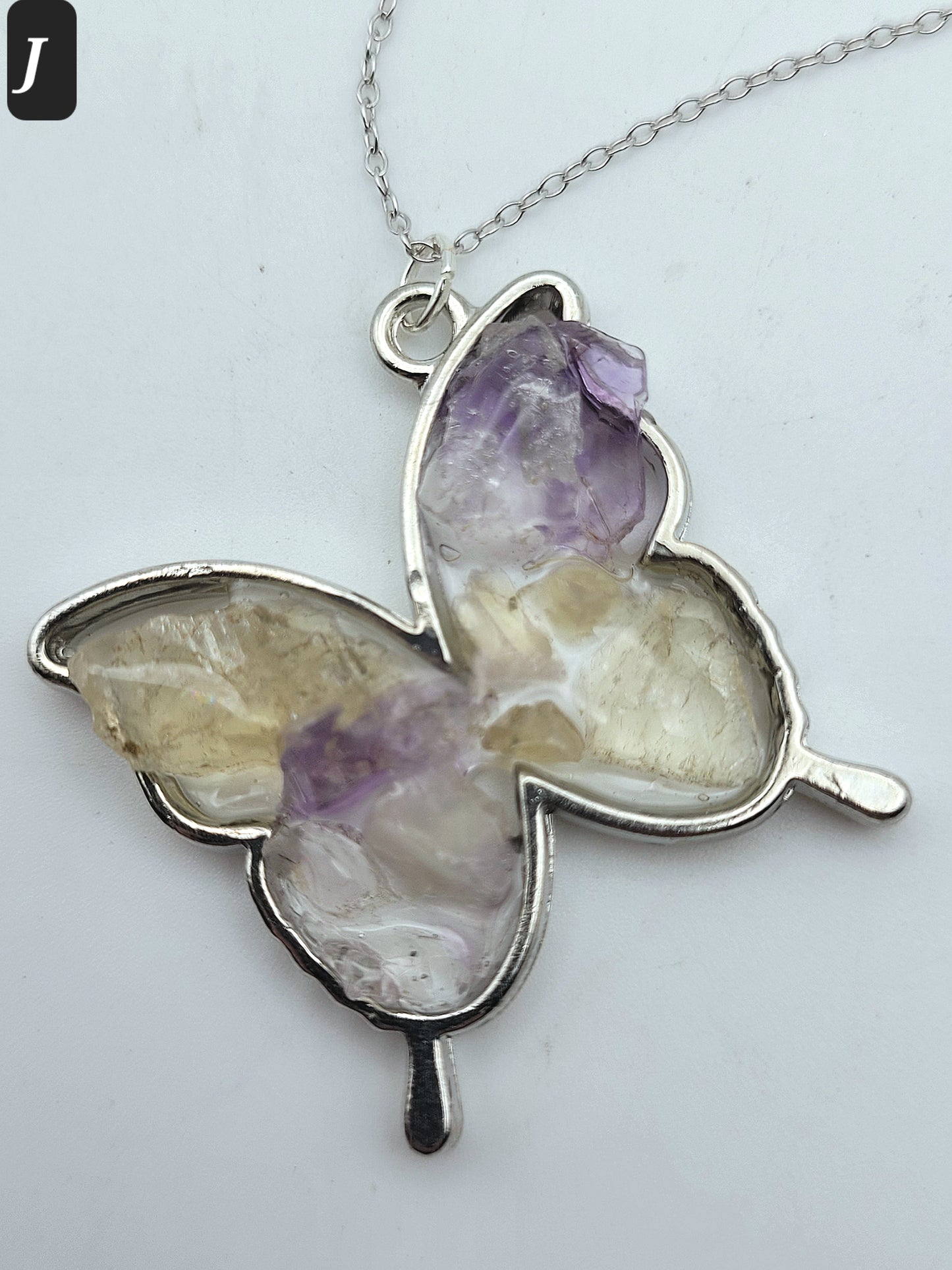Fluorite Silver Tone Butterfly Necklace, Pastel Fluorite, Cave-In-Rock