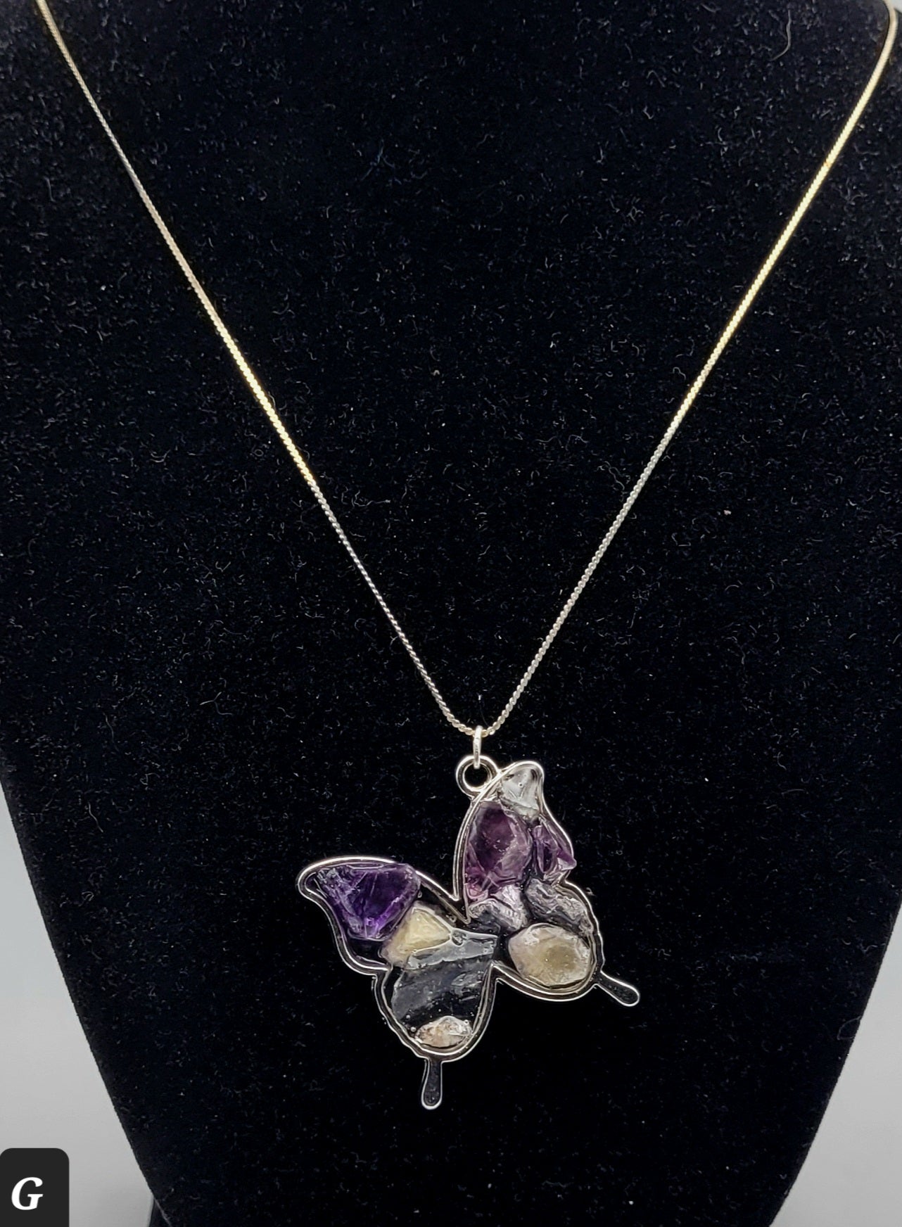 Fluorite Silver Tone Butterfly Necklace, Yellow & Purple Fluorite, Annabel Lee Mine