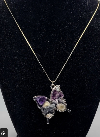 Fluorite Silver Tone Butterfly Necklace, Yellow & Purple Fluorite, Annabel Lee Mine