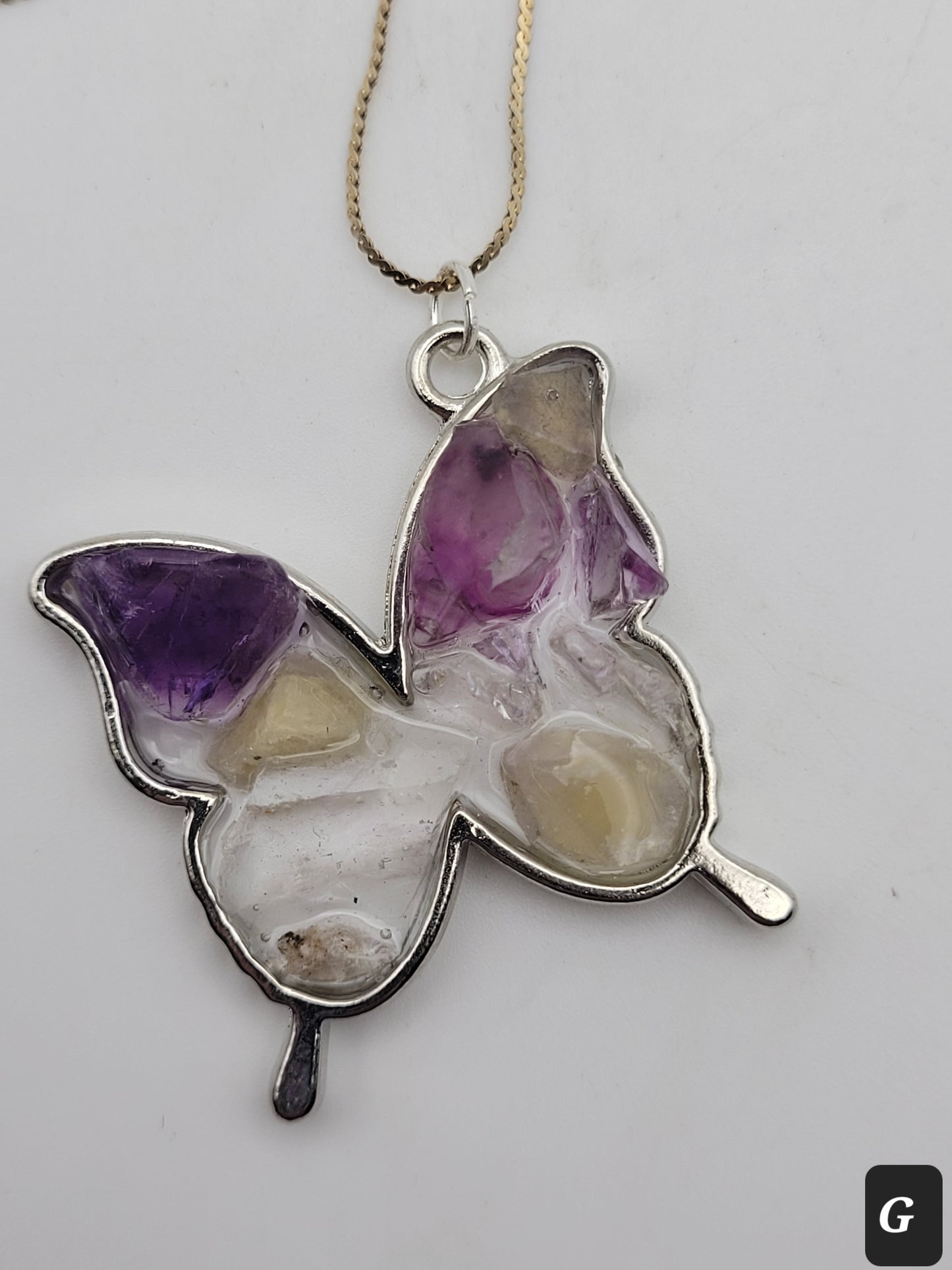 Fluorite Silver Tone Butterfly Necklace, Yellow & Purple Fluorite, Annabel Lee Mine