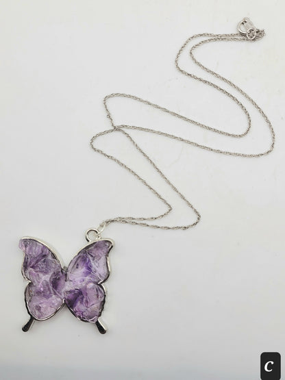 Fluorite Silver Tone Butterfly Necklace, Purple Fluorite, Cave-In-Rock