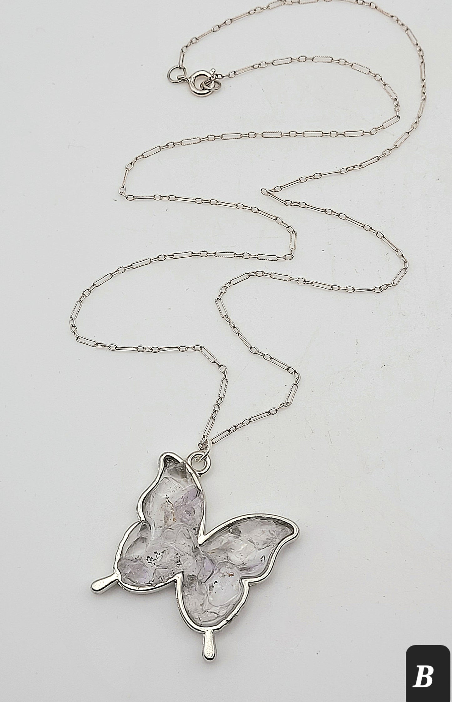 Fluorite Silver Tone Butterfly Necklace, Colorless Fluorite, Cave-In-Rock