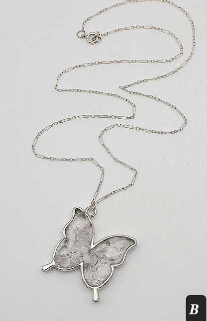 Fluorite Silver Tone Butterfly Necklace, Colorless Fluorite, Cave-In-Rock