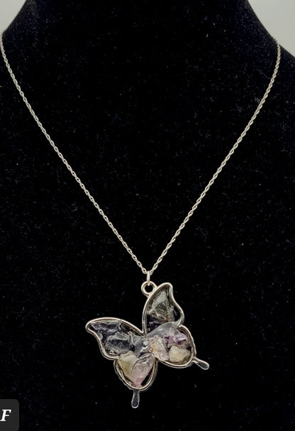 Fluorite Silver Tone Butterfly Necklace, Pastel Fluorite, Cave-In-Rock