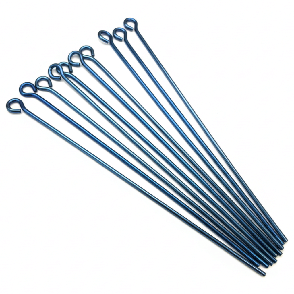 The Crystalary pack of 10 dark blue 21 gauge niobium eye pins for jewelry making, each measuring 48mm in length.