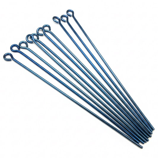 The Crystalary pack of 10 dark blue 21 gauge niobium eye pins for jewelry making, each measuring 48mm in length.