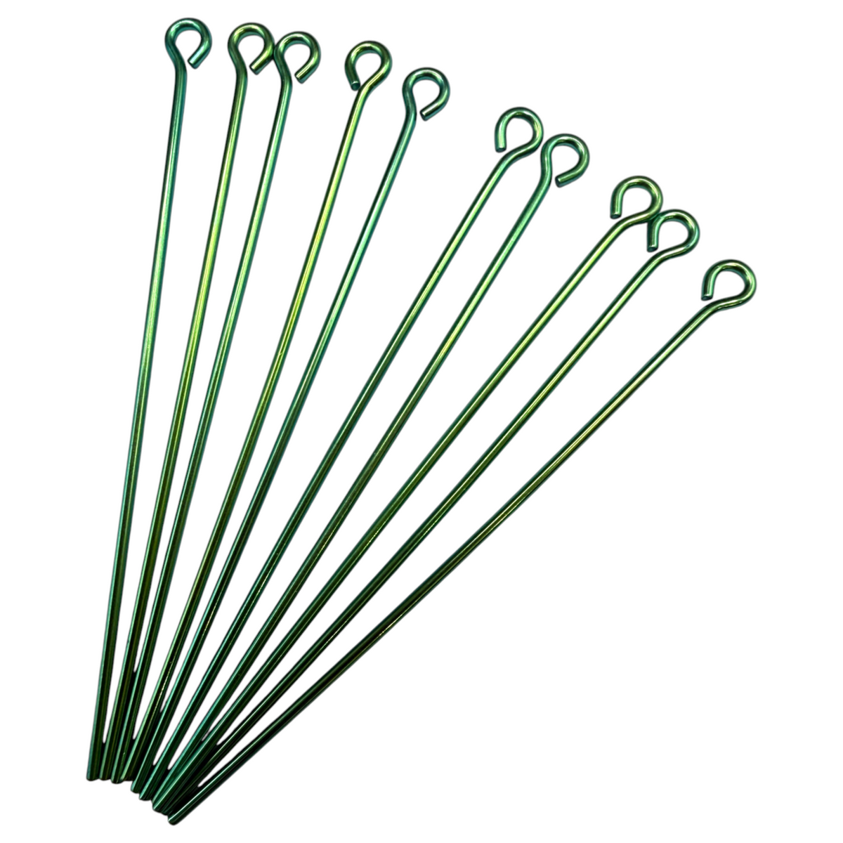 The Crystalary green anodized niobium eye pins, 21 gauge, 47mm length, set of 10 jewelry making components.