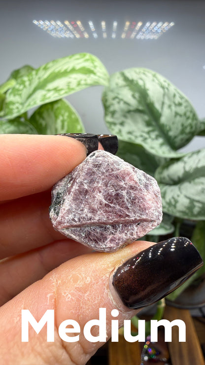 The Crystalary rough hexagonal corundum crystal in dusty rose and mauve tones held between fingers