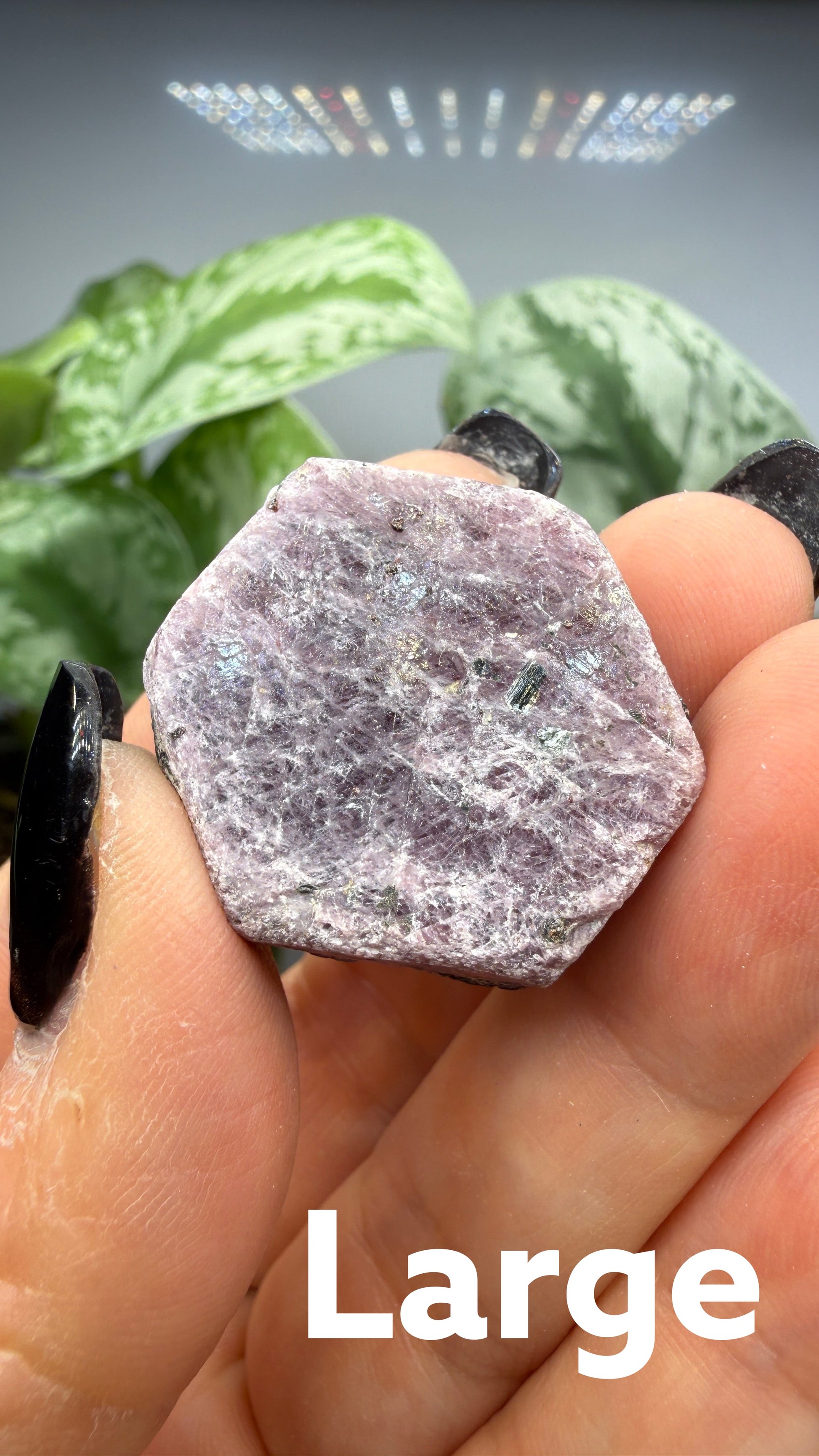 The Crystalary rough hexagonal corundum crystal in dusty rose and mauve tones held in hand